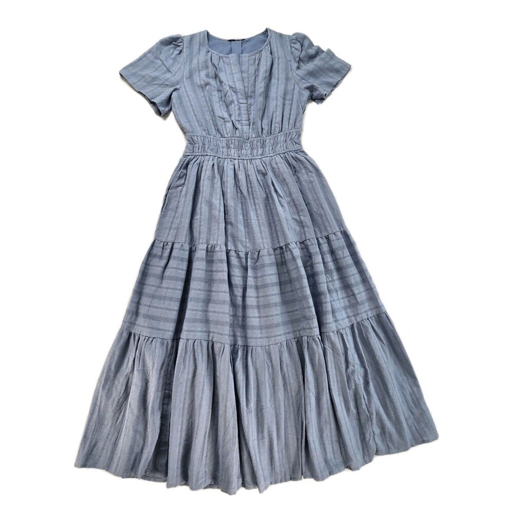 STEEBM Blue Striped Midi Dress Women S Puff Sleeve Pleated Lined